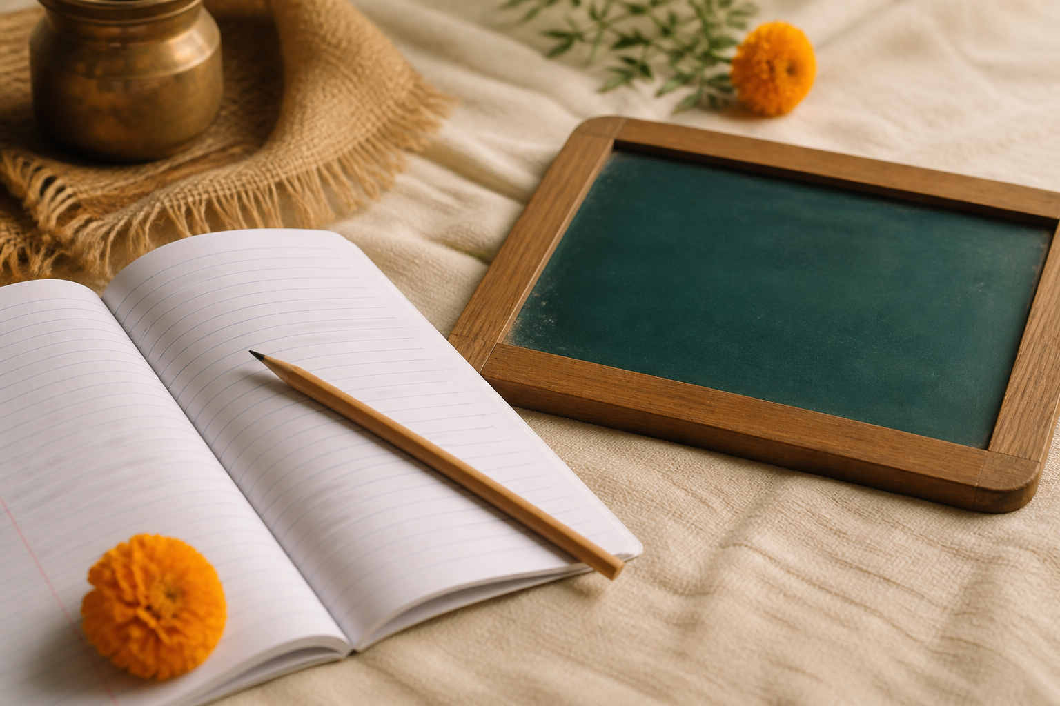 Notebook, pencil and marigold
