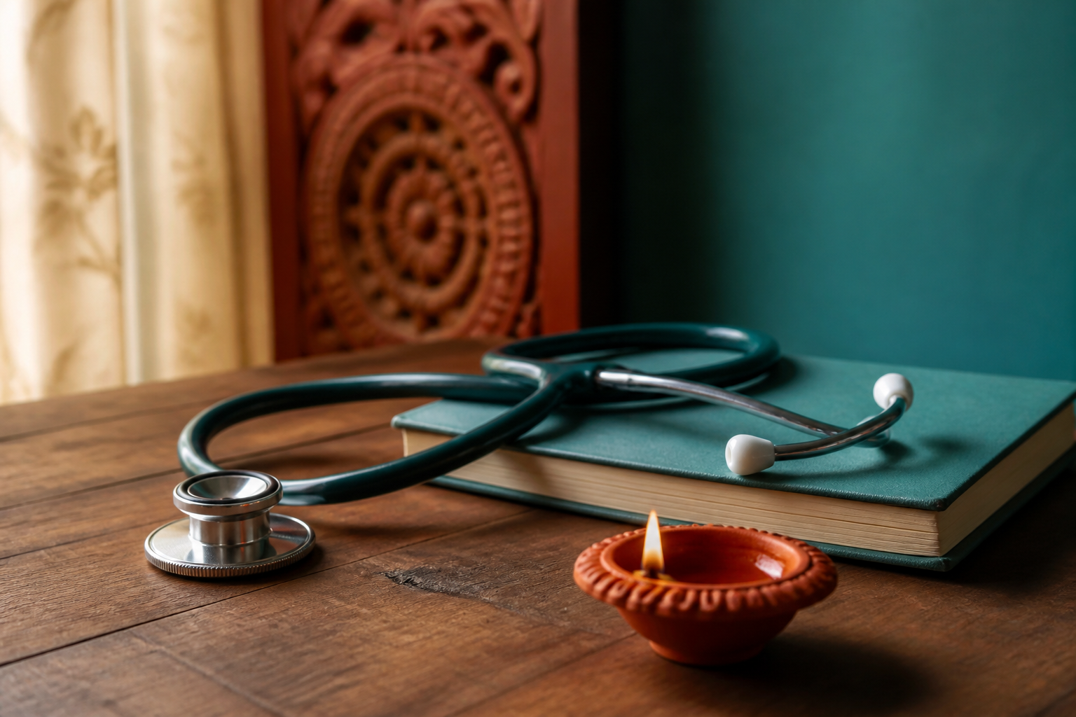 Stethoscope and diya on a wooden table